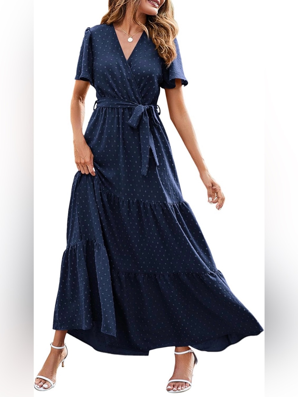 Classic Navy V-Neck Tie-Waist Maxi Dress